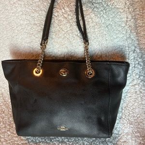 Coach Black Pebble Leather Turnlock Chain Tote Purse